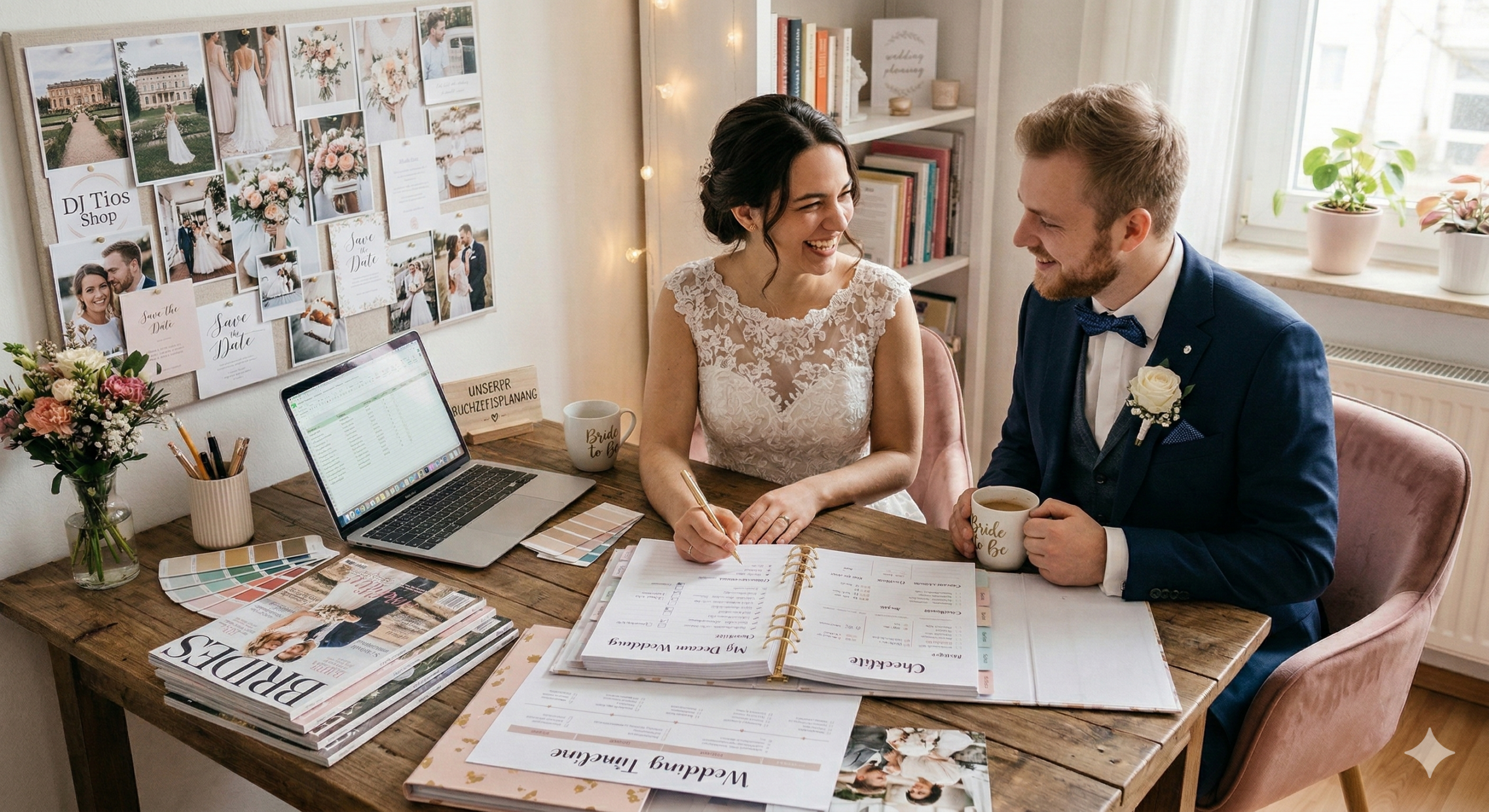 Hochzeitsplanung mit Brautpaar, Hochzeitsplaner, Laptop und Ideenwand